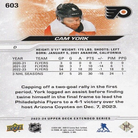 Cam York - 2023/2024 Upper Deck Extended Series Hockey Card - Picture 2 of 2